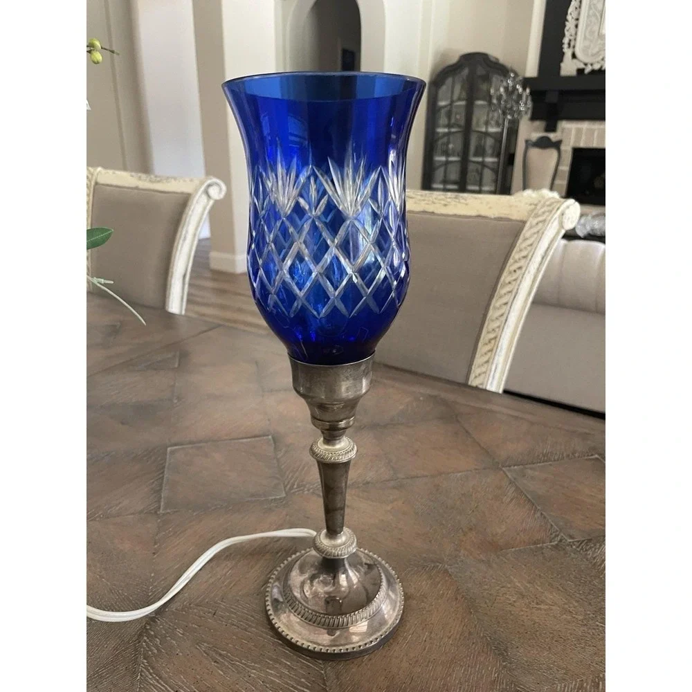 International Silver Company Plated Cobalt Blue Cut Crystal Hurricane Lamp 15